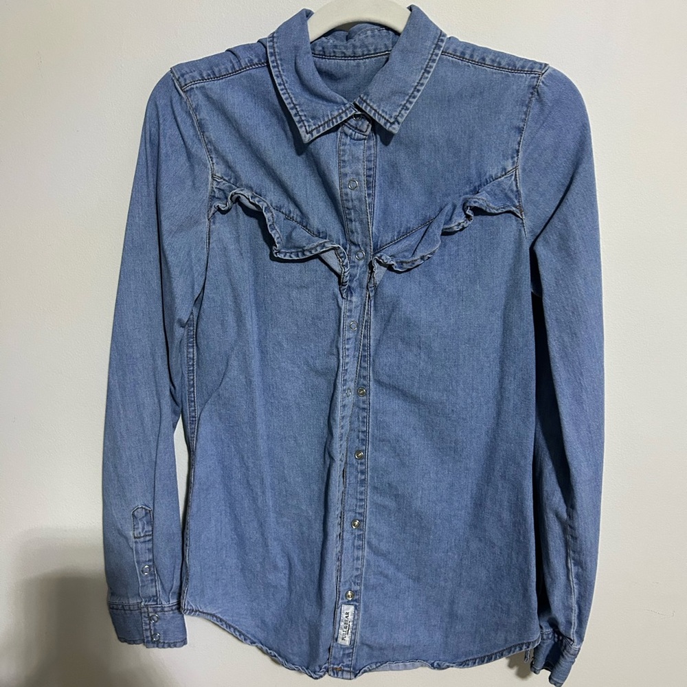 Pull& bear Western Shirt Blue denim Snaps Ruffle Yolk Chambray Denim